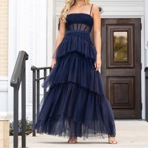 Sheer Mesh Corset Tiered A-Line Dress Navy